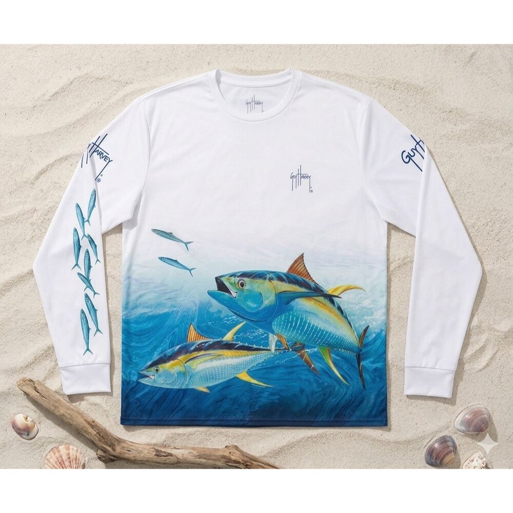 Guy Harvey Tuna Fish Wrap Shirt Men’s XXL Long Sleeve Ocean Graphic All Over